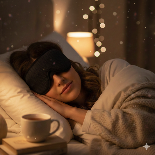 Kvinne som sover fredelig i en behagelig seng med en sort, lystett sovemaske som blokkerer alt lys for dyp søvn og restitusjon.