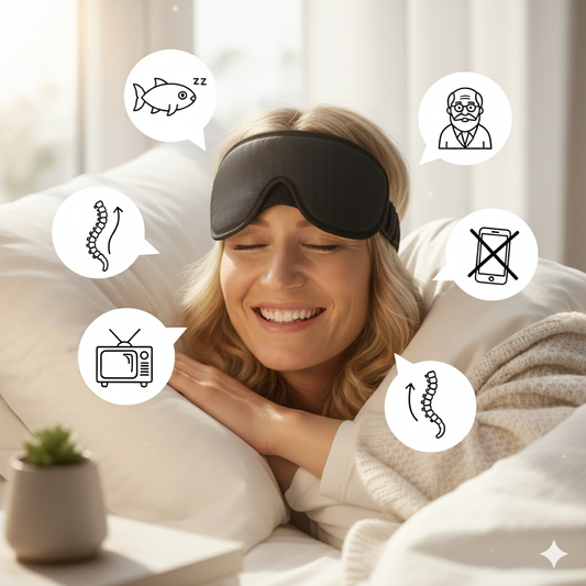 Nærbilde av en kvinne som smiler og sover komfortabelt i en lun seng med en mørk, lystett sovemaske, omgitt av en drømmende atmosfære og varm belysning.